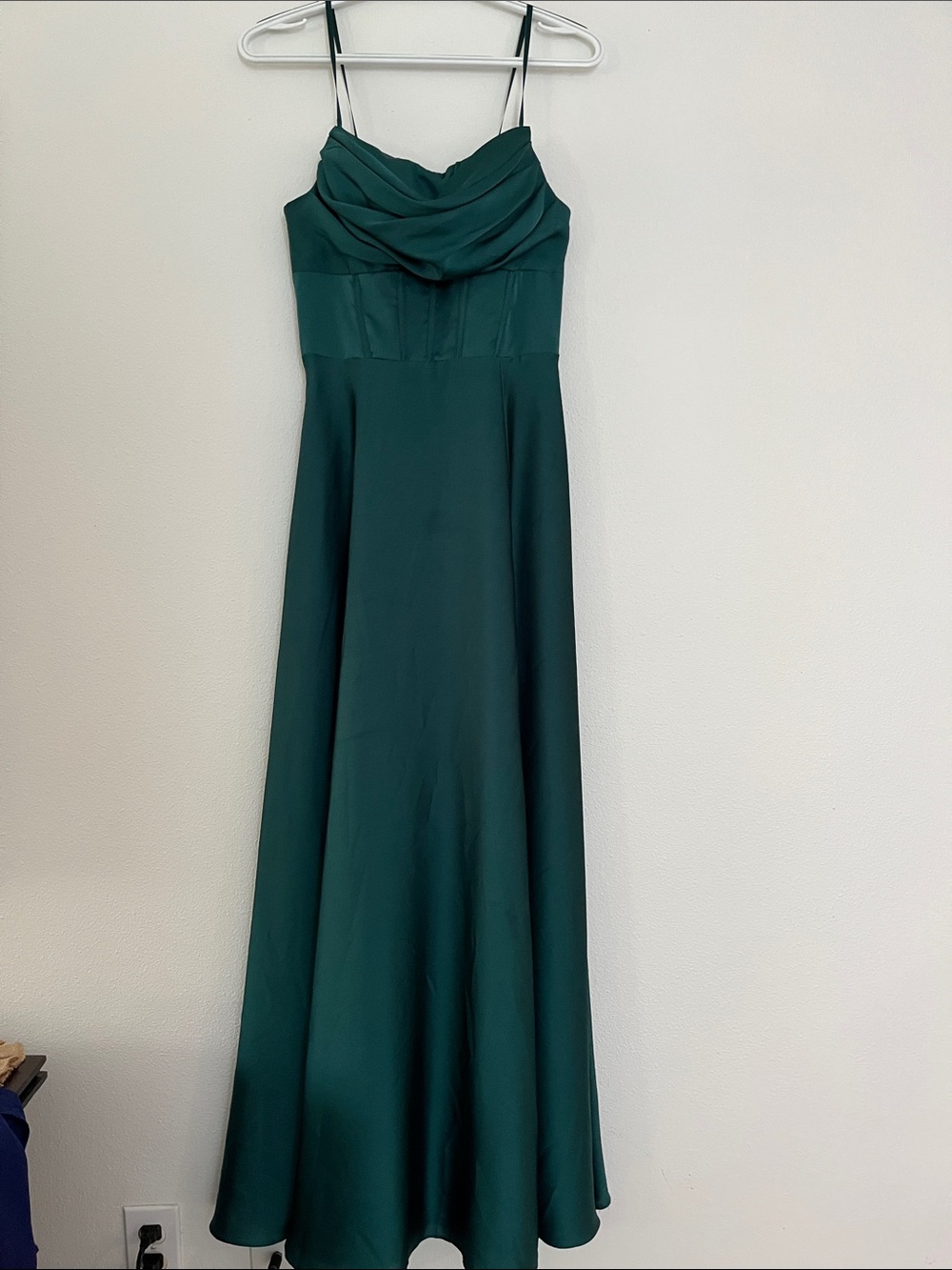 Emerald Satin Cowl-Neck Maxi Dress with Spaghetti Straps